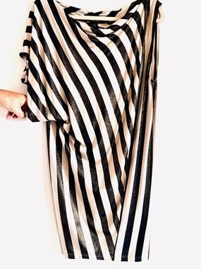 Asymmetrical Black & Cream Striped Iridescent One-Shoulder Dress